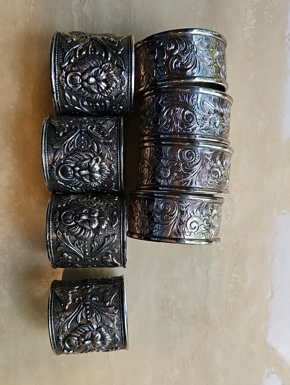 Ornate Silver-Tone Embossed Napkin Rings - Set of 8